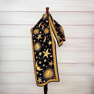 Casca Silk Crepe Oblong Scarf Celestial Sun Moon Stars Black Gold Vintage